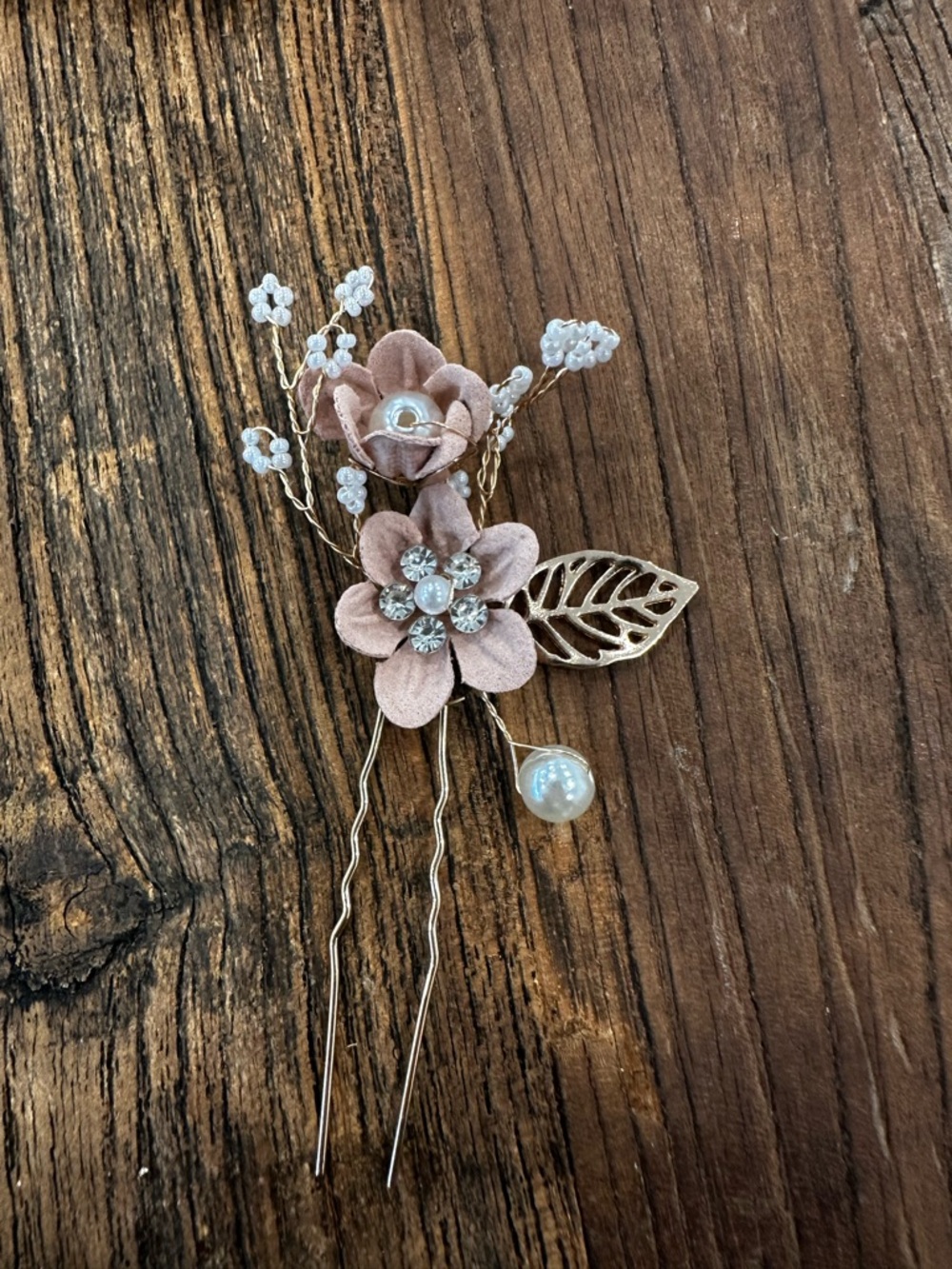 Delicate Pink Floral Hair Comb and Pins Set - Women Accessories set of 3 - Picture 3 of 5